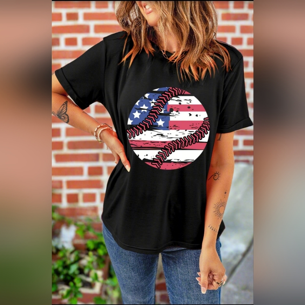 Baseball American Flag Graphic Shirt Patriotic Womens Lightweight Short Sleeve - Picture 4 of 13